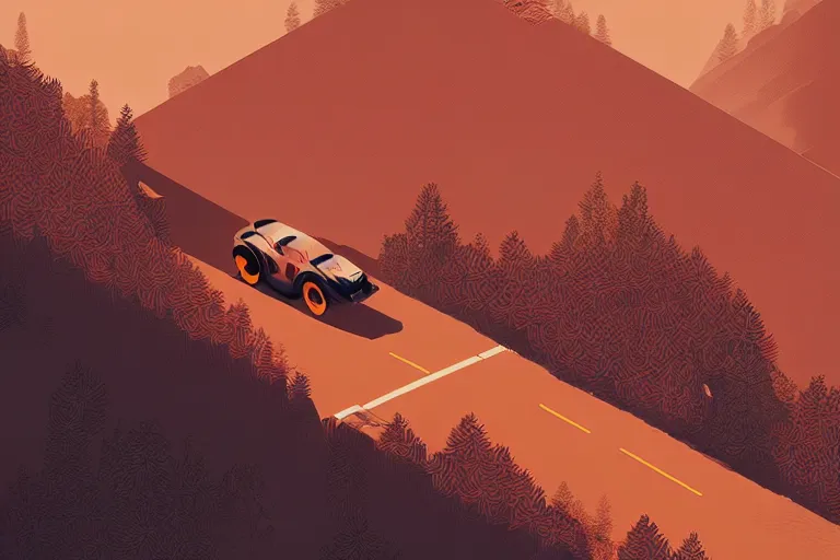 Image similar to rally car ascending a mountain, editorial illustration, isometric, modern art deco, ( ( mads berg ) ), christopher balaskas, victo ngai, detailed, dynamic composition, wide angle, matte print, unreal engine, film grain