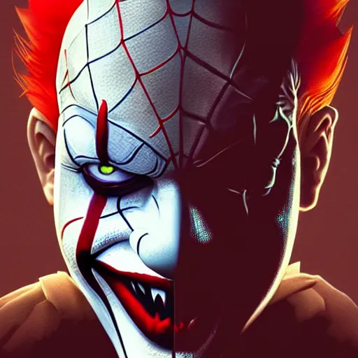 Image similar to symmetry of pennywise mixed with spiderman and sandman from neil gaiman, rpg reference, art by greg rutkowski, artgerm, trending on artstation, octane render, insanely detailed, 8 k, hd