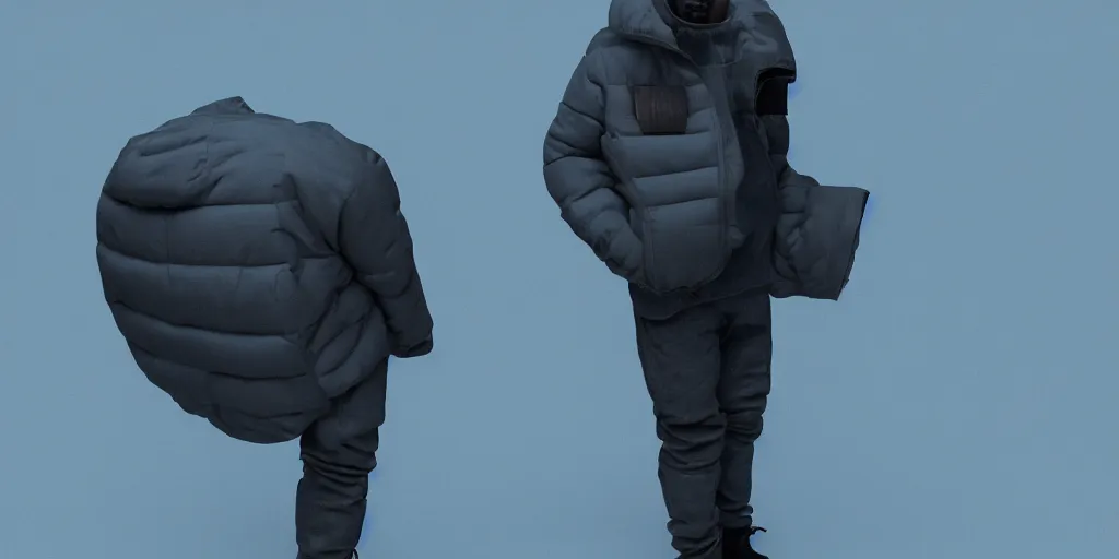 Image similar to kanye west wearing a full face - covering black mask, a small, tight, children size reflective baby blue puffer jacket made of nylon, gray jeans pants and big black rubber boots in 3 d, blender, octane render, 3 d render, realistic, unreal engine, studio light, 4 k, 8 k