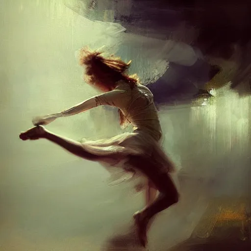 Image similar to painting of a beautiful Harpey, dancing on a cloud, by Jeremy Mann and Jason Jenicke, detailed, stylized, loose brush strokes, intricate, realistic, exaggerated lighting, sense of scale, ferocious, sensual