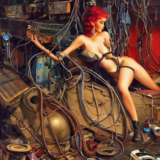 Prompt: Cyberpunk junkyard, organic tendrils and hanging cables, detailed painting by Gil Elvgren and Eric Stanton