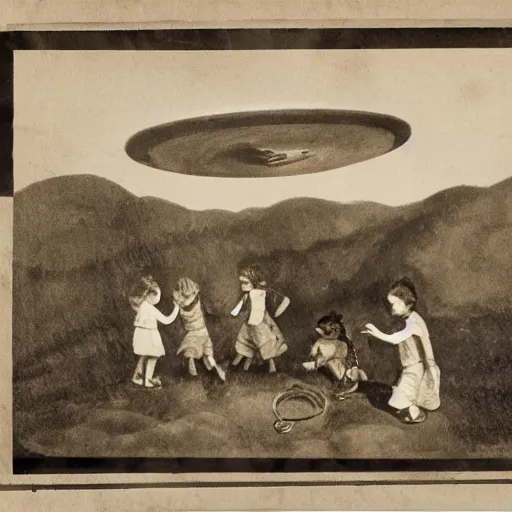 Image similar to ''children excavating a ufo''