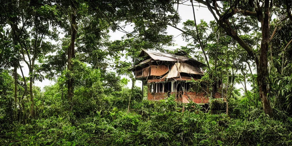 Prompt: abandoned sri lankan house, overgrown greenery, photography, dark