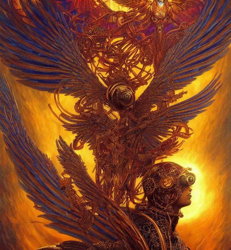 Image similar to a beautiful tarot card artwork of a cyberpunk seraphim in nature, backlit, highly detailed, golden hour, digital painting, by karol bak and justin gerard and dan mumford and artgerm, vivid colors, masterpiece, detailed shading, 8 k resolution, intricate, smooth