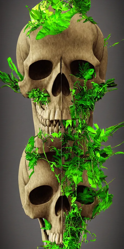 Prompt: abstract overgrown plants skull from a blender render, nature taking back, highly detailed, holography