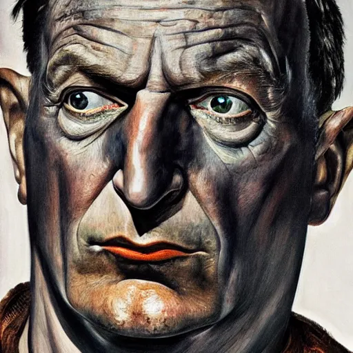 Image similar to high quality high detail painting by lucian freud, hd, portrait of a batman, photorealistic lighting