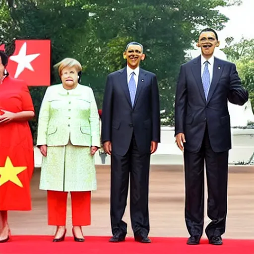 Image similar to A Family picture ofXi Jinping and Obama’s Family including their child, while Angela Merkel stands depressed in the corner, casual, beach, family, photograph, realistic