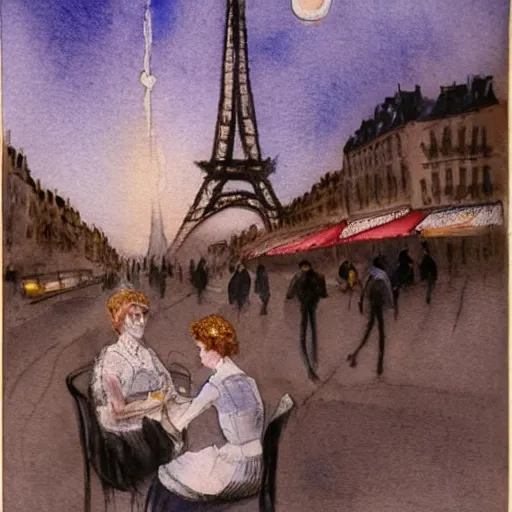 Image similar to two young edwardian women sit outside a cafe in paris at night, the moon is in the sky, the eiffel tower is visible in the background, realistic watercolour