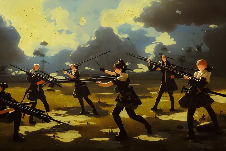 Prompt: baroque oil painting of key visual environment concept art of anime maids firing bolt action rifles at enemy lines, brutalist, dark fantasy, rule of thirds golden ratio, fake detail, trending pixiv fanbox, acrylic palette knife, style of makoto shinkai studio ghibli genshin impact jamie wyeth james gilleard greg rutkowski chiho aoshima