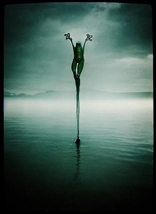 Image similar to “frog unicorn vertically hovering above misty lake waters in jesus christ pose, low angle, long cinematic shot by Andrei Tarkovsky, paranormal, eerie, mystical”