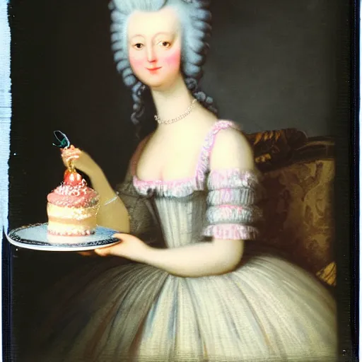 Prompt: a Polaroid of Marie Antoinette eating cake at Versailles Palace 1792, photorealistic