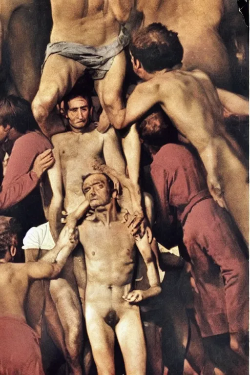 Image similar to a scene of a la giornata ( 1 9 6 6 ) a movie of antonioni starring mastroianni!!!! in the style of ( ( ( the last judgement by michelangelo ) ) ). technicolor, grandiose, cinematic, 5 0 mm, highly detailed, romantic