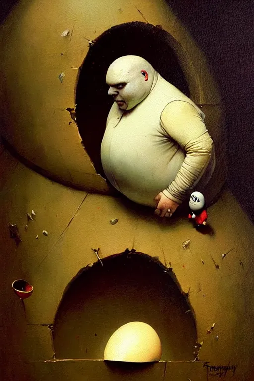 Image similar to hieronymus bosch greg rutkowski, oil painting of humpty dumpty, tweedle dum