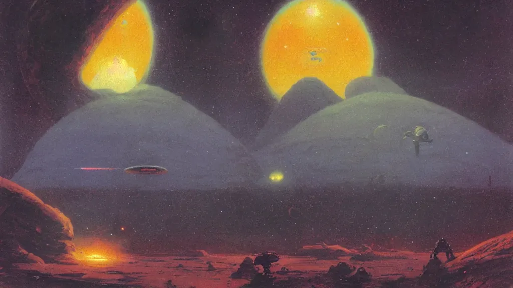 Image similar to eerie atmospheric alien planet with a small dropship pod landing by paul lehr and jack gaughan and john schoenherr, epic cinematic matte painting