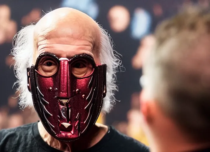 Image similar to publicity photo still of larry david wearing a slipknot mask touring with slipknot live on stage, 8 k, live concert lighting, mid shot