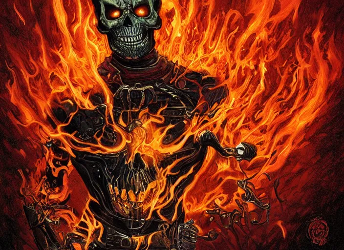 Image similar to a highly detailed beautiful portrait of ghost rider, flaming skull, ( marvel ) penance stare, james gurney, james jean