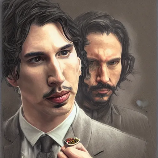 Prompt: portrait of adam driver feeding john oliver, standing together, stoic, full body, military uniform, fantasy, intricate, elegant, beautiful, highly detailed, charcoal, centered, dark, smokey, digital painting, artstation, concept art, smooth, sharp focus, illustration, art by artgerm and greg rutkowski and alphonse mucha