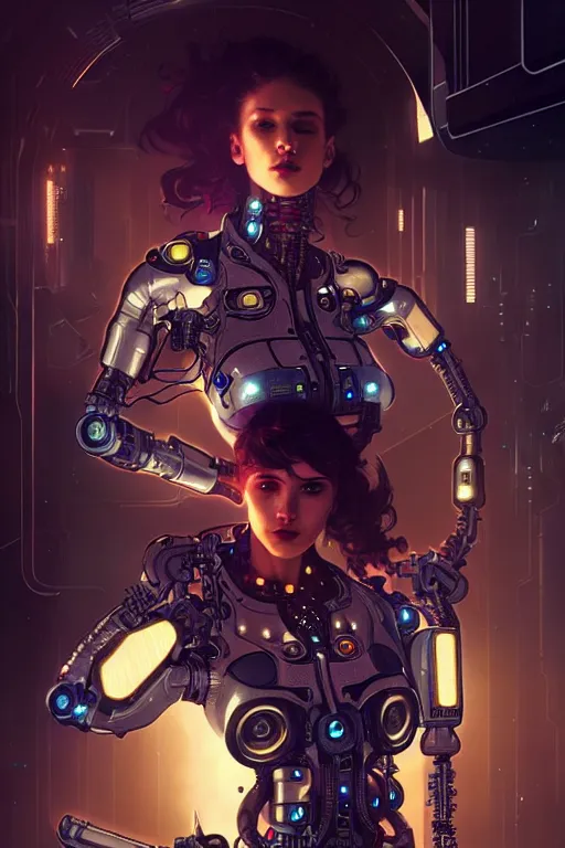 Image similar to ultra realistic, beautiful female cyborg in a crowded smoky cyberpunk club in space megalopolis, sci - fi, intricate details, eerie, highly detailed, octane render, 8 k, art by artgerm and alphonse mucha and greg rutkowski