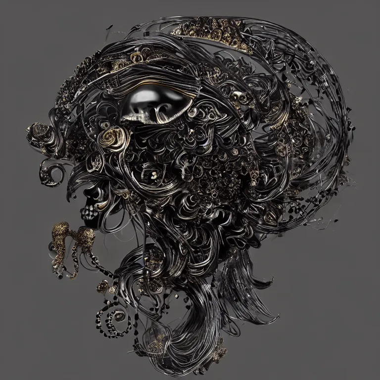 Image similar to black background. absolutely symmetrical sculpture. centered. goddess princess face close-up portrait ram skull. sculpture made of gold and black charcoal. jellyfish phoenix head, nautilus, orchid, skull, betta fish, bioluminiscent creatures, intricate artwork by Tooth Wu and wlop and beeple. octane render, trending on artstation, greg rutkowski very coherent symmetrical artwork. cinematic, hyper realism, high detail, octane render, 8k