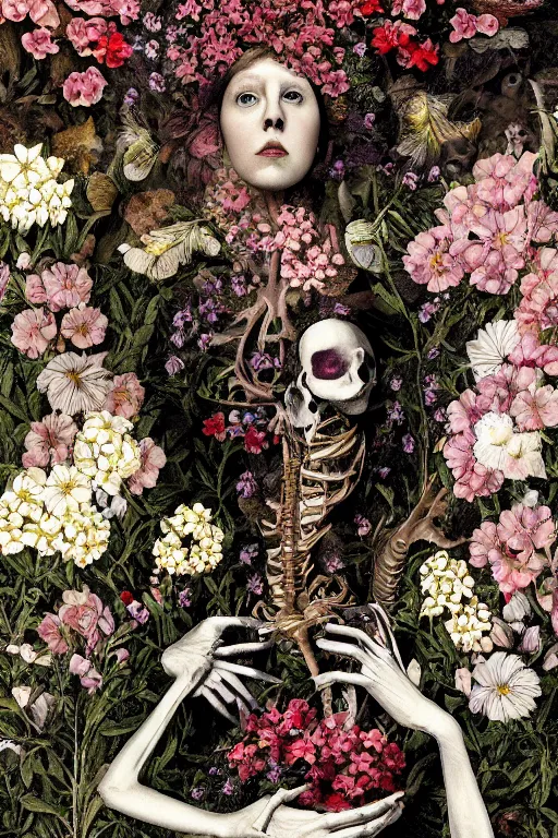 Prompt: a person lying among flowers and bones, large eyes and lips and is dreaming about mortality, HD Mixed media collage, depth of field, liminal space, highly detailed and intricate, surreal illustration in the style of Caravaggio, baroque dark art