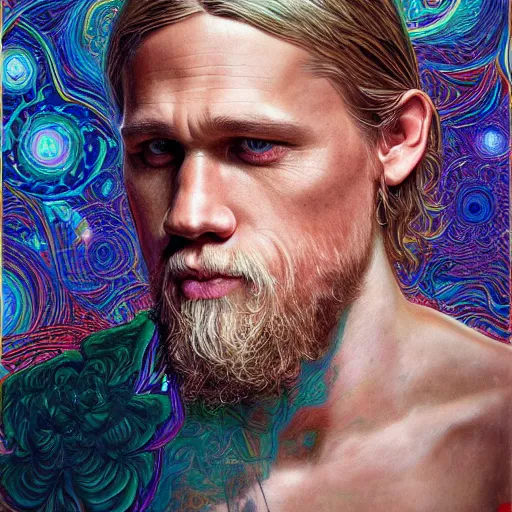 Image similar to portrait of charlie hunnam, hyper detailed masterpiece, neon floral pattern, jean giraud, digital art painting, darkwave goth aesthetic, psychedelic, artgerm, donato giancola and tom bagshaw