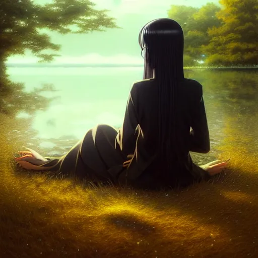 Prompt: very tiny girl by junji ito, green eyes and long black hair by ilya kuvshinov, sitting in a crystal clear lake painted by tom bagshaw, rtx reflections, octane render 1 2 8 k, extreme high intricate details by wlop, digital anime art by ross tran, wide shot, composition by tom bagshaw, lighting by wlop