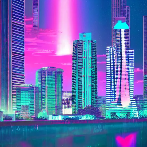 Image similar to vaporwave city, Miami at night. Digital painting. Beeple. Banksy