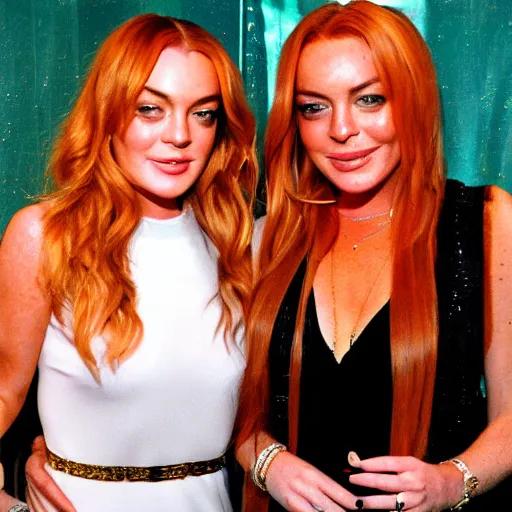 Image similar to Selfie photograph of Lindsay Lohan and Lindsay Lohan, golden hour, 8k,