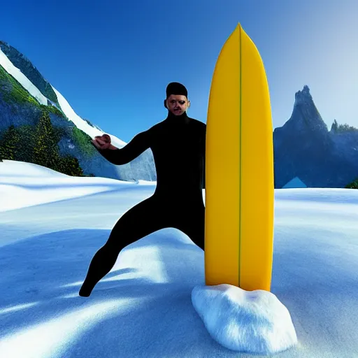 Prompt: man surfing a yellow surfboard down a snowy mountain, high quality digital art, unreal engine, cinematic lighting, photorealism