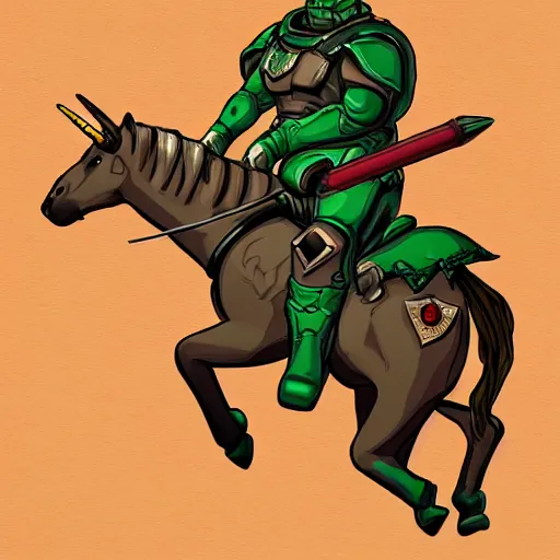 Image similar to doomguy riding a unicorn, game art, trending on artstation