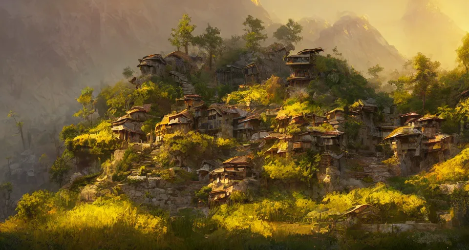 Prompt: natural beauty village on a mountain slope, realistic concept art, eytan zana, one pixel brush, by eugene von guerard, ivan shishkin, lavander and yellow color scheme, dramatic lighting, concept art, trending on artstation