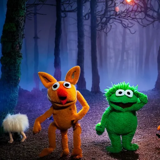Prompt: a large druid fox muppet wearing a cloak holding a lit torch and herding a bunch of random muppet animals following behind through a dark felt forest at night, sesame street, photograph, photography, ultrarealistic, national geographic