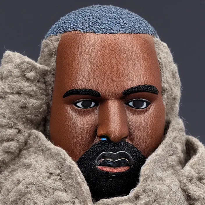 Image similar to a hot toys figure of kanye west using a black face - covering mask made of cloth with small holes, a blue puff undersized round jacket, a black shirt underneath and black rubber boots, figurine, detailed product photo