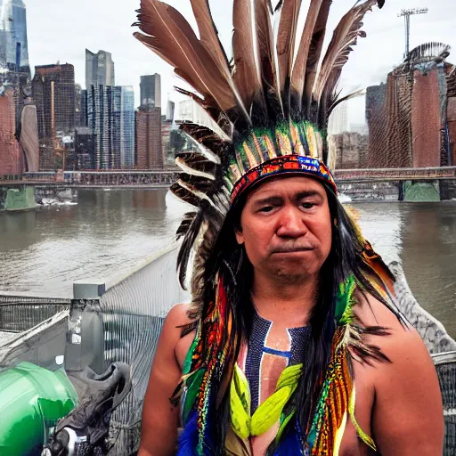 Prompt: an indigenous shaman dressed with a quetzalcoatl feathered serpent fighting against climate change garbage tornado non - human hyperobject in manhattan bridge