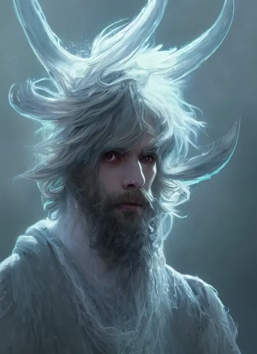 Image similar to Portrait of hexblade warlock angel, glowing white eyes, silver shaggy hair, short scruffy beard, cloak, teal ethereal tendril wings, male, fantasy, extremely detailed, digital painting, artstation, concept art, smooth, sharp focus, illustration, stunning lighting, art by artgerm and greg rutkowski and alphonse mucha and simon stalenhag, realistic character concept, high fantasy, light atmosphere, golden ratio, cinematic lighting, hyperdetailed, high resolution, insanely detailed and intricate, artstation, Marc Simonetti, Greg Rutkowski