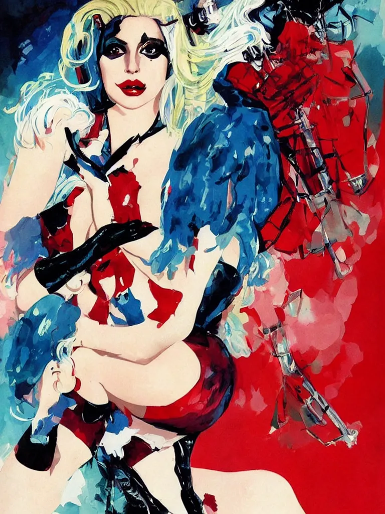 Image similar to a beautiful pinup art of lady gaga as harley quinn, single full body portrait poster, by robert mcginnis