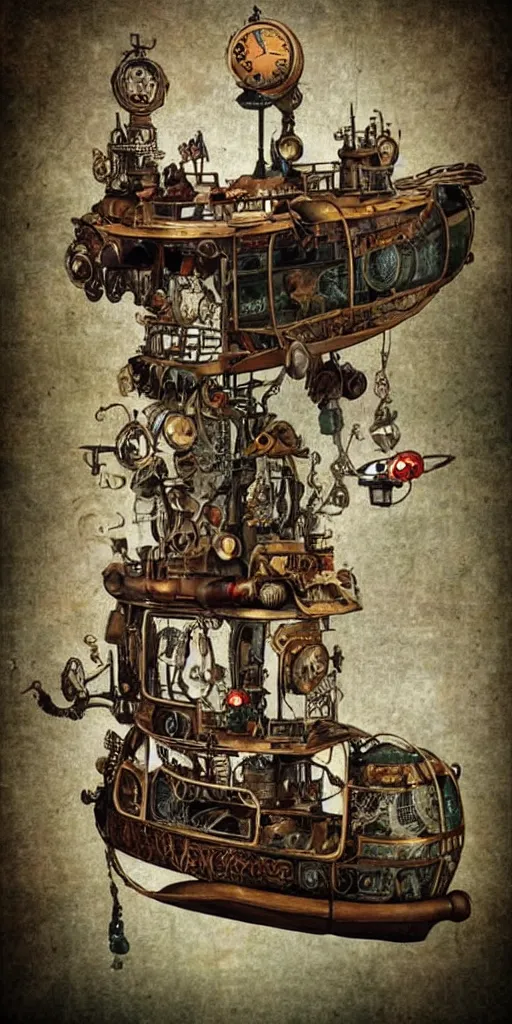 Image similar to a vintage steampunk living submarine by alexander jansson and where's waldo and leonardo da vinci