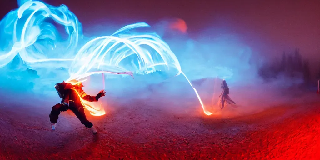 Prompt: fisheye slow motion with trail fire effect of futuristic break dancer wearing long dark cloak and golden helmet emitting blue and red fire, long exposure shot , enigmatic, at night in the middle of the arctic with red light A letter, paddle of water, steam, fog, water splashes, rim lights, glossy reflections, water droplets on lens, octane render, Volumetric dynamic lighting, stunning cover magazine, high details, hajime sorayama