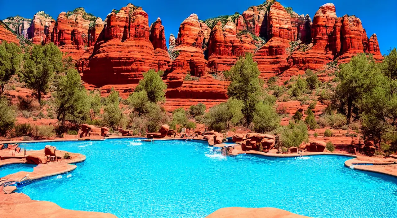 Image similar to a beautiful day in Sedona by a pool,colorised,photograph