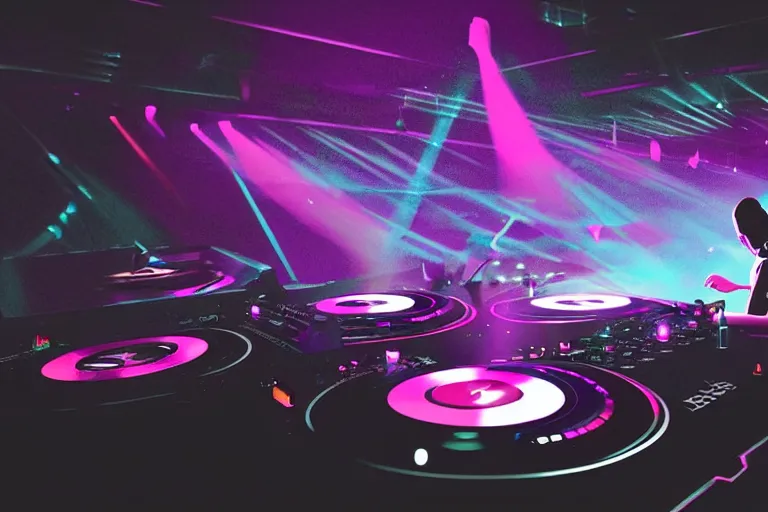 Image similar to beautiful digital art of a dj on stage spinning records with headphones looking over crowd dancing at a club by moebius, silhouette, volumetric lighting, haze, moving heads light beams, spot lights, disco ball, trending on artstation, 4k, unreal engine, intricate, ornate