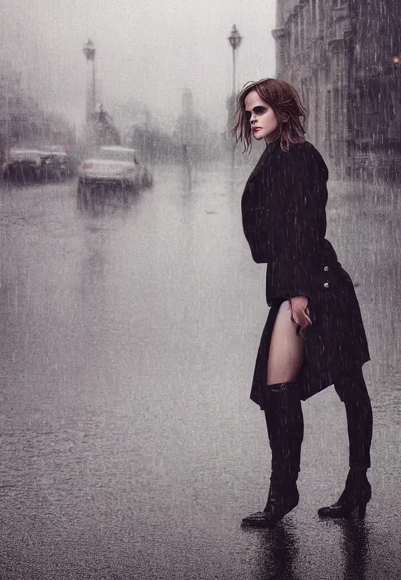 Image similar to emma watson posing in dunwall city, beautiful face, detailed face, realistic eyes, cinematic lighting, rainy weather, melancholy atmosphere, volumetric light, gothic architecture, realistic reflections, model agency, instagram photo, depression atmosphere, shot on sony a 7, beauty filter, postprocessing