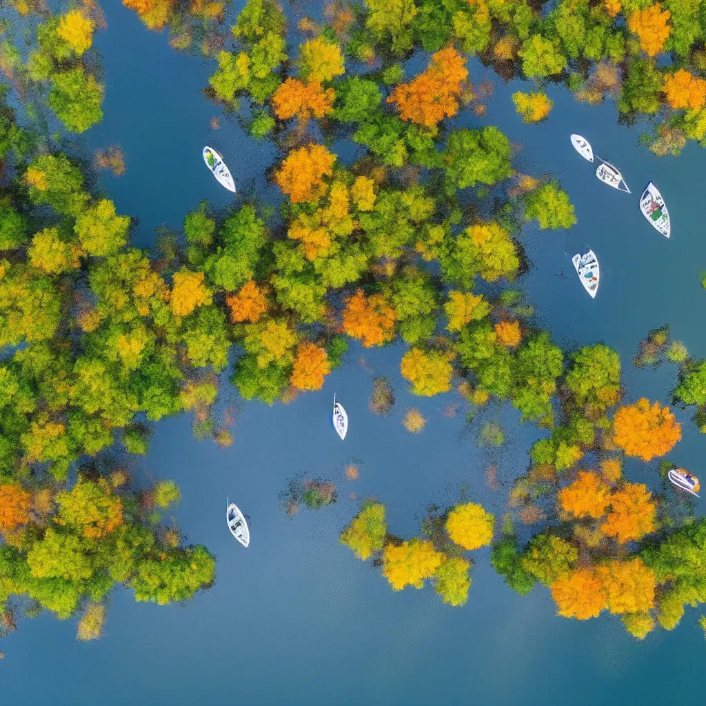 Image similar to ariel view of lake, silver cloud reflections, boats, colourful august foliage, very detailed, 4 k, professional photography