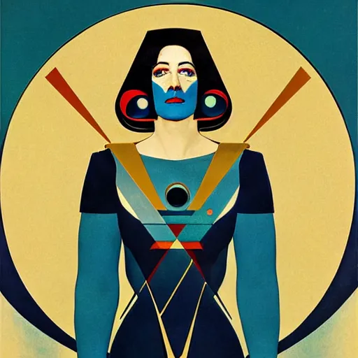 Prompt: Art by Coles Phillips, Portrait of the actress, Eva Green as Space Commander Zeta from the Year 3000, geometric art, poster, no text, Mucha, Kandinsky, indigo, teal, gold