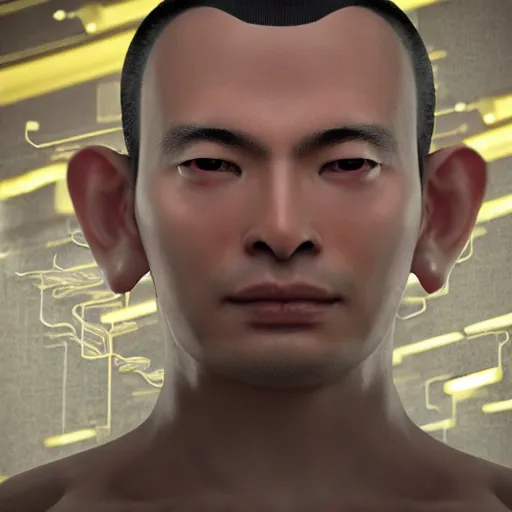 Prompt: a Buddhist man wearing a brain control interface, cyberpunk, award winning photorealistic photo