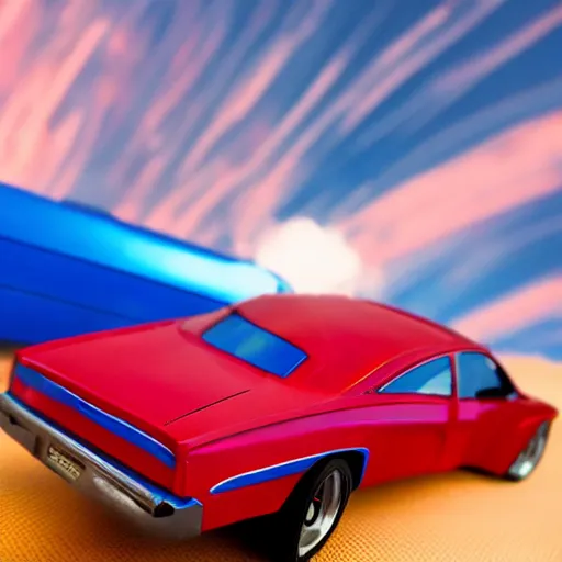 Prompt: 3 5 mm photo of metallic red and blue superman car like hot wheels model with a sky as background, epic cinematic, epic lighting