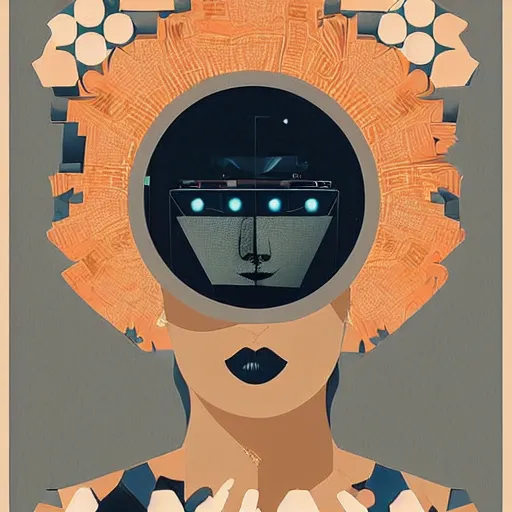 Image similar to a poster in the style of polish poster school for the vr game the curator - a story about the artificial intelligence that creates her own art exhibition