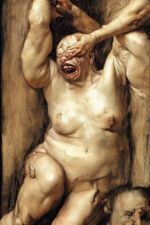 Image similar to a woman enraged, part by Jenny Saville, part by Leonardo da Vinci