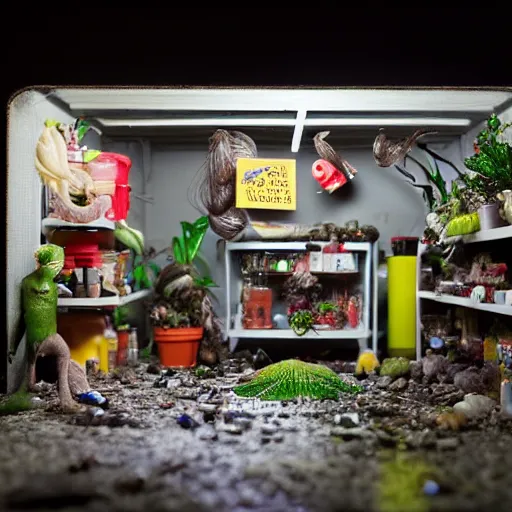 Image similar to garage with carnivorous plants on the shelves and packing peanuts on the floor, scene from tv show hyper detailed 5 5 mm 8 5 mm, low - light photography by tyler mitchell, made out of plastic