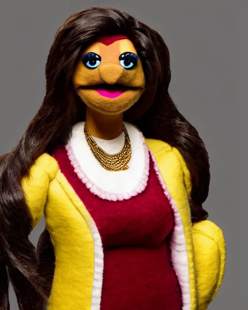 Image similar to kelly kapoor as a muppet. highly detailed felt. hyper real photo. 4 k.