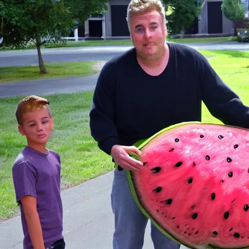 Prompt: Carl from jimmy neutron next to a human sized watermelon